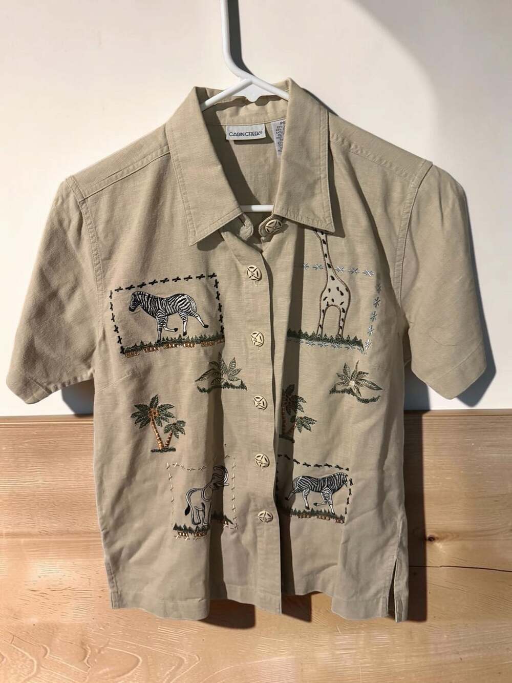 Cabin Creek Safari Animal Embroidered Shirt Size PS Beige Linen Blend